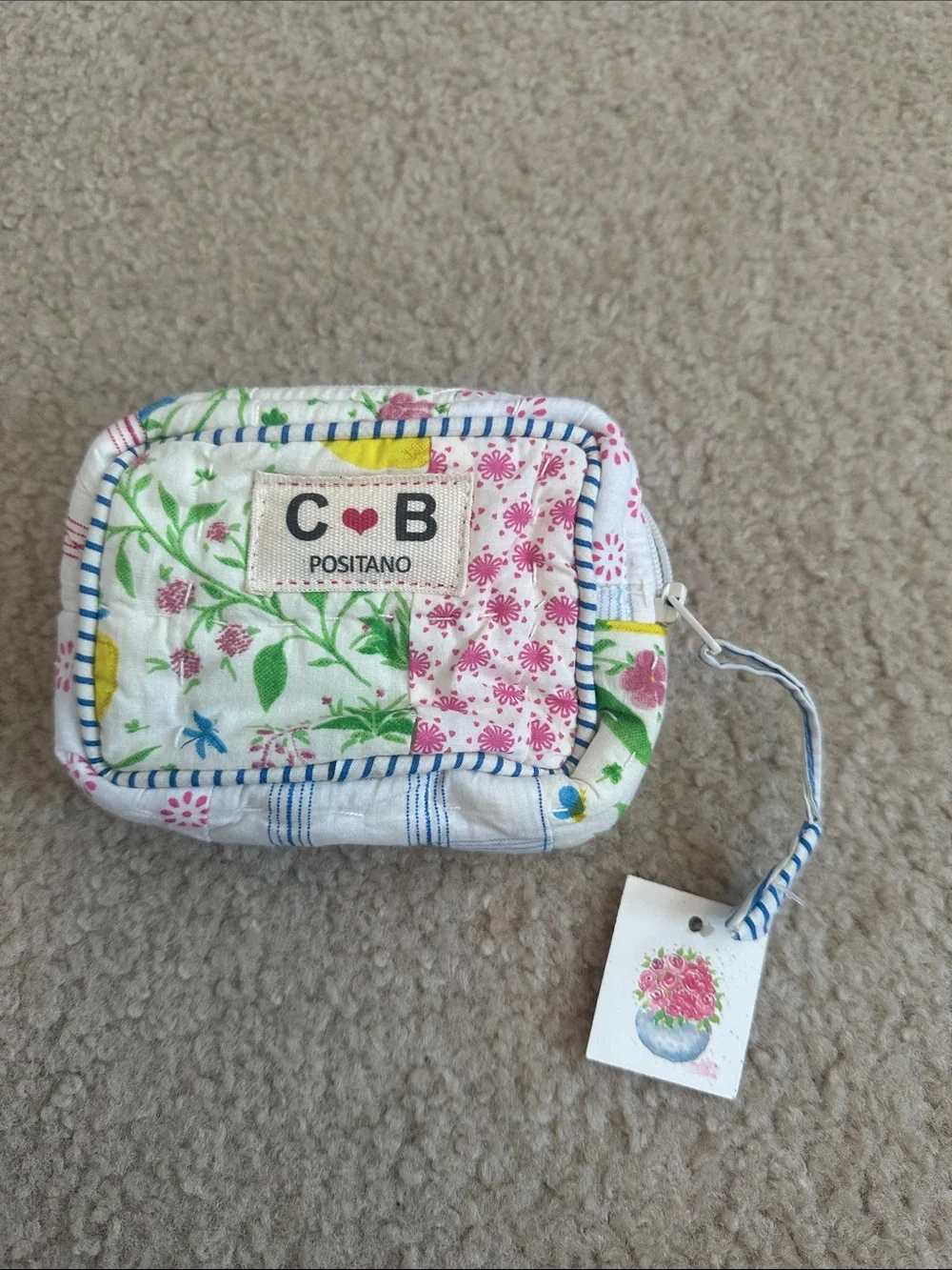 C·B Positano Floral Quilted Pouch - White with Pink & Green